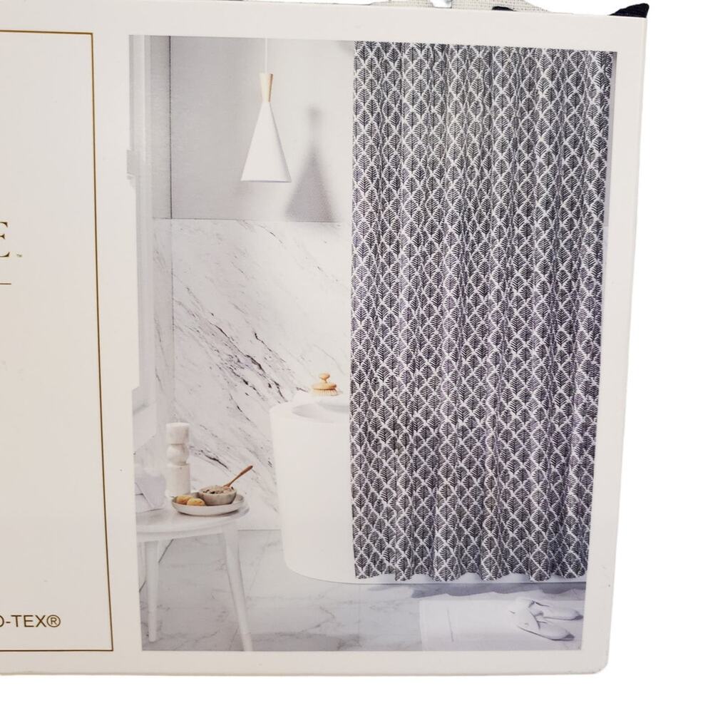 Linen Shower Curtain Everhome Henley Leaf Print Maritime Blue 72 x 72 Shower